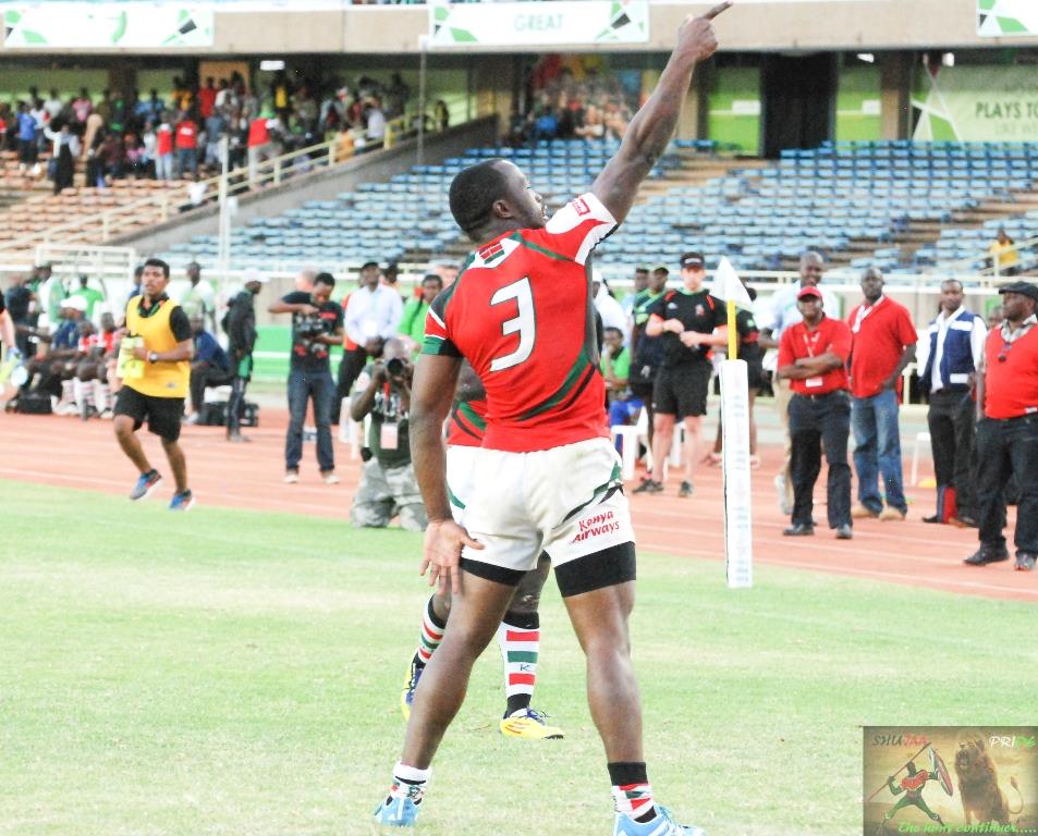 Frank Wanyama celebrating after scoring a try for Shujaa against Samurai in safari 7s final